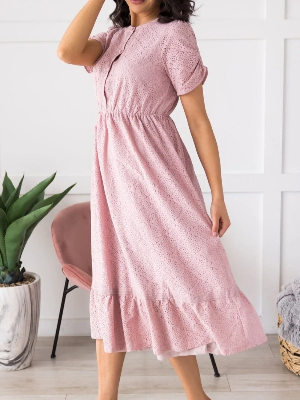 Polagram Blush Pink Eyelet Midi Dress